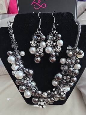 Pearl & Crystal Cluster Statement Necklace in Silver